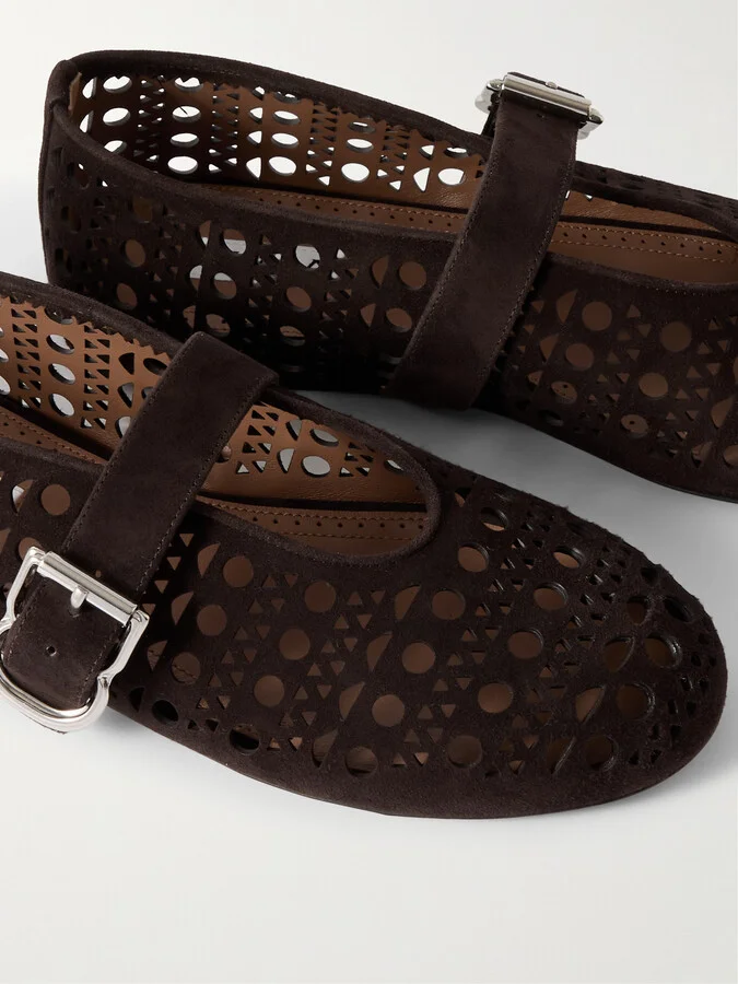 Alaïa - Perforated Suede Ballet Flats - Brown - Image 4