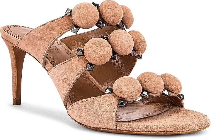 ALAÏA Pom Pom Studded Mules in Beige - Image 2
