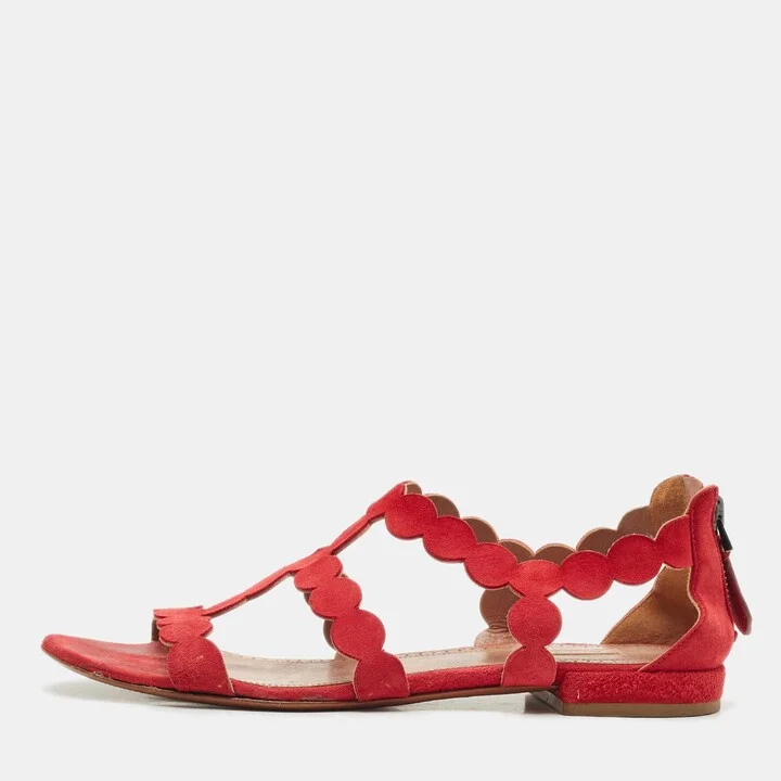 Alaia Red Laser Cut Suede Open Toe Flat Sandals Size 38.5