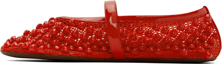 ALAÏA Red Studded Fishnet Ballerina Flats - Image 3
