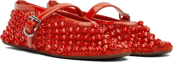 ALAÏA Red Studded Fishnet Ballerina Flats - Image 4