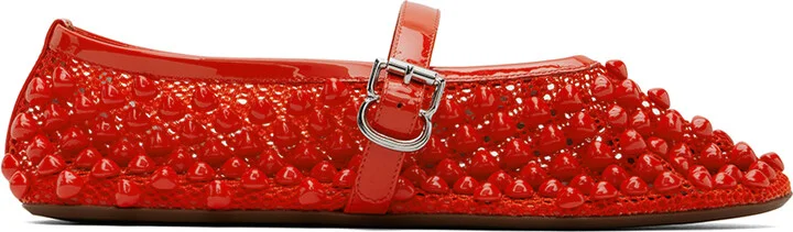 ALAÏA Red Studded Fishnet Ballerina Flats