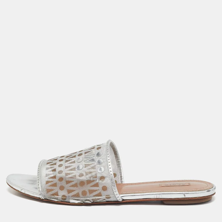Alaia Silver Leather and Net Flat Slides Size 40