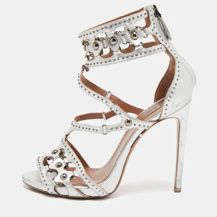 Alaia Silver Leather Cut Out Studded Ankle Strap Sandals Size 38.5