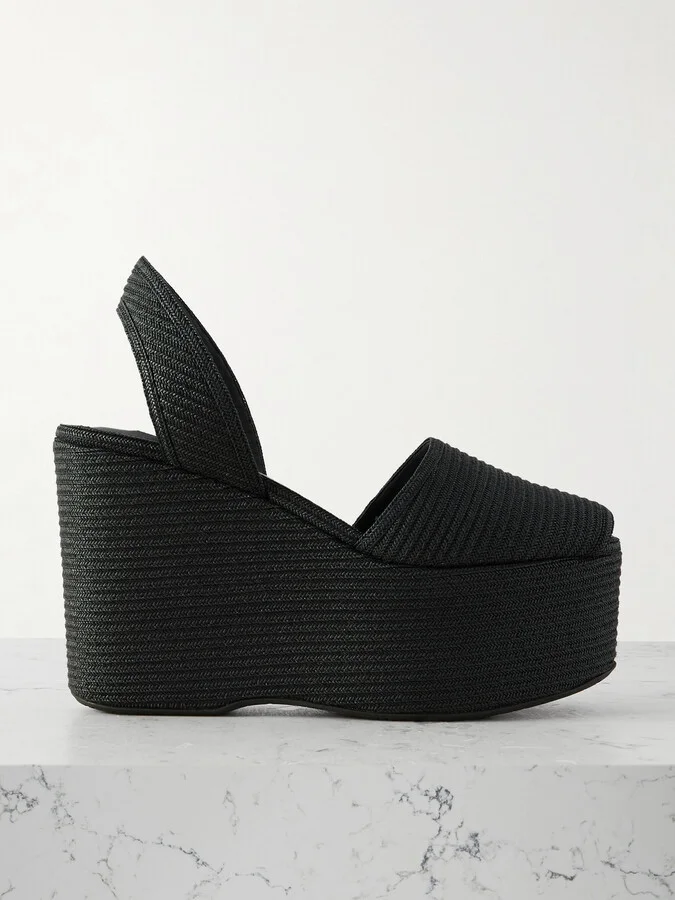 Alaïa - Straw Slingback Platform Wedge Sandals - Black