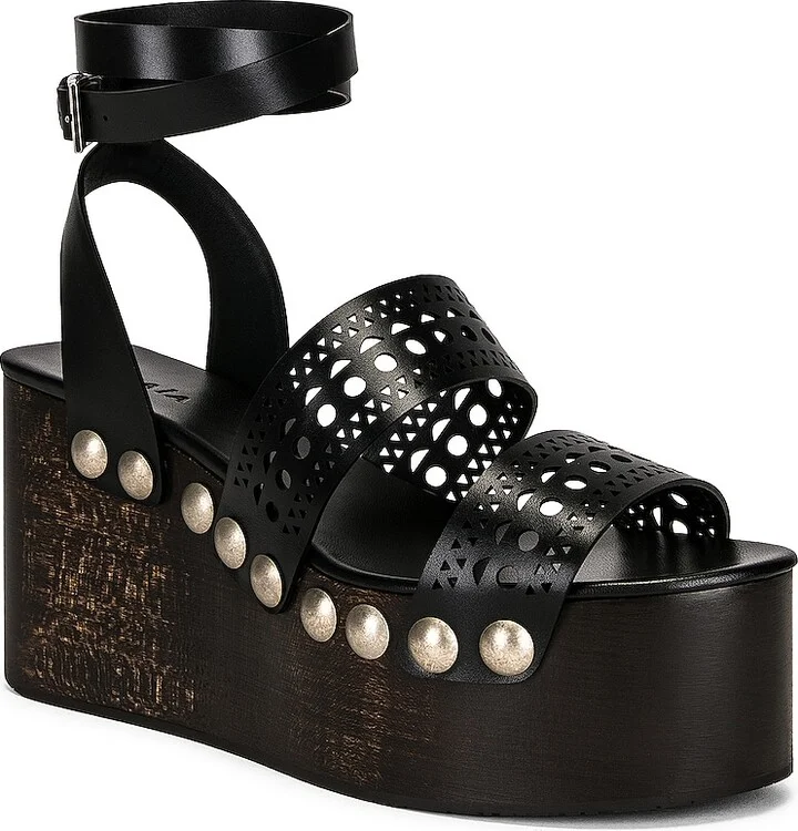 ALAÏA Vienne Wooden Ankle Strap Wedges in Black - Image 2