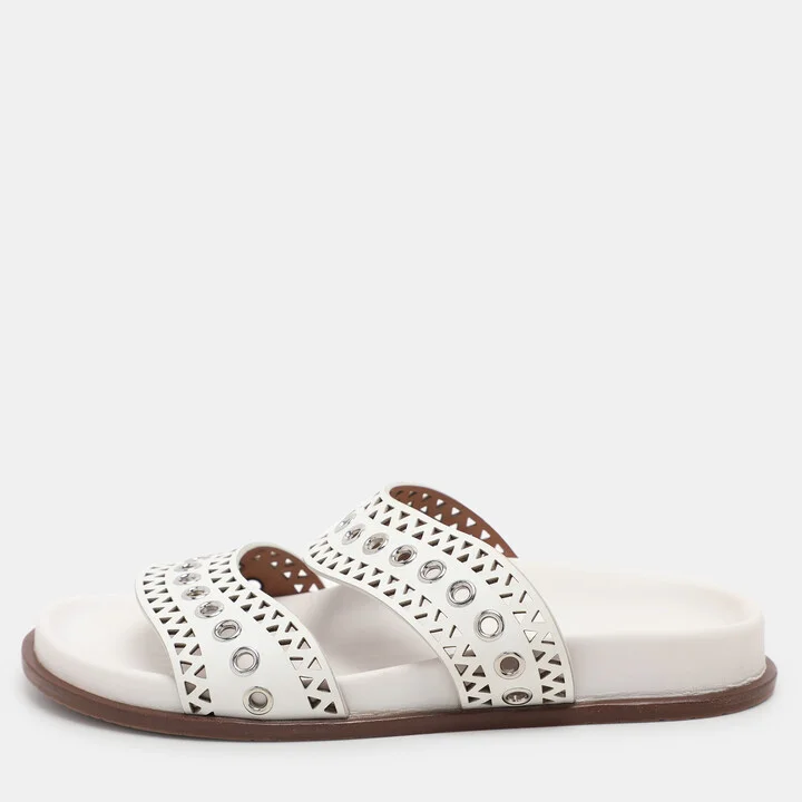 Alaia White Leather Grommet Flat Slides Size 36.5