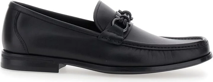 'alain' Black Loafers With Almond Toe And Gancini On The Front In Leather Man