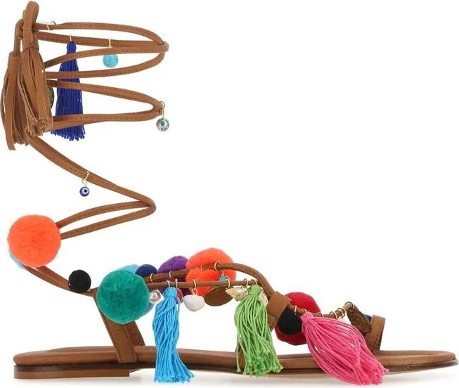 Alameda Turquesa Pom Pom Embellished Sandals