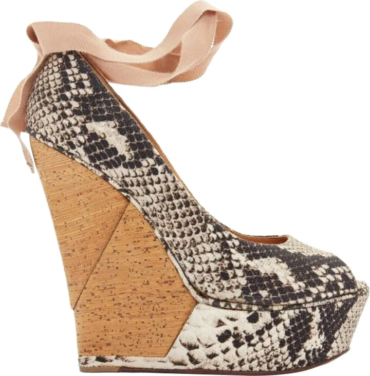 Alber Elbaz Scaled Leather Print Wedge Ribbon Ankle Strap Heel
