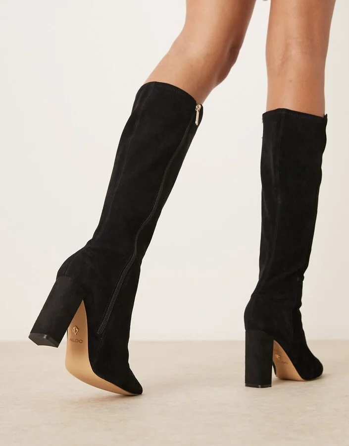 ALDO Electro block heel knee boots in black suede - Image 3