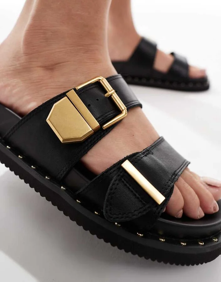 ALDO Elyna double buckle footbed sandals in black leather - Image 3