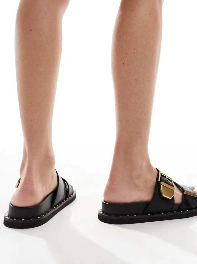 ALDO Elyna double buckle footbed sandals in black leather - Image 4
