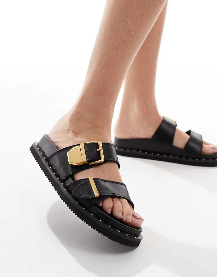 ALDO Elyna double buckle footbed sandals in black leather
