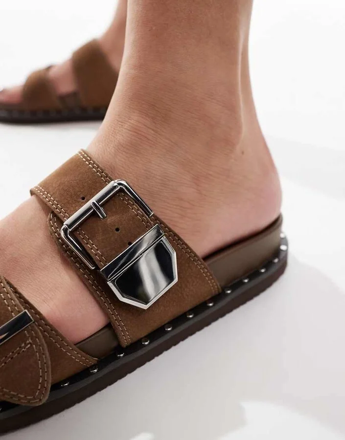 ALDO Elyna double buckle footbed sandals in tan leather - Image 2