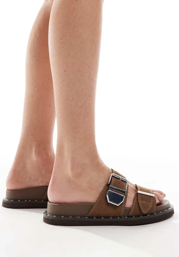 ALDO Elyna double buckle footbed sandals in tan leather - Image 3