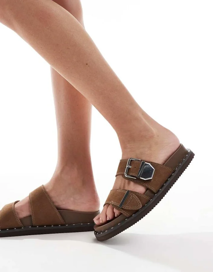 ALDO Elyna double buckle footbed sandals in tan leather - Image 4