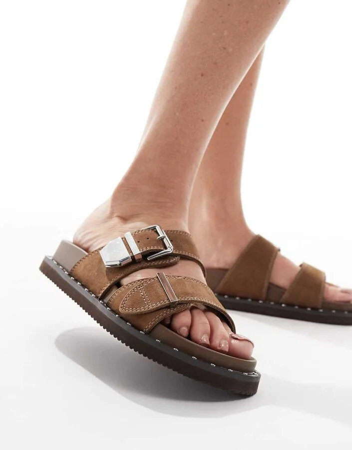 ALDO Elyna double buckle footbed sandals in tan leather
