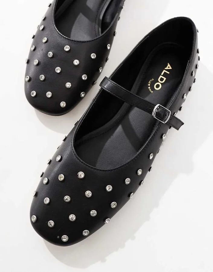 ALDO Marylina Studded Ballet Flats with Buckle in Black Leather - Image 2