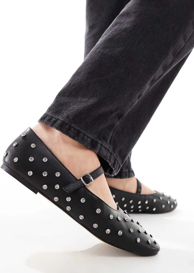 ALDO Marylina Studded Ballet Flats with Buckle in Black Leather - Image 4
