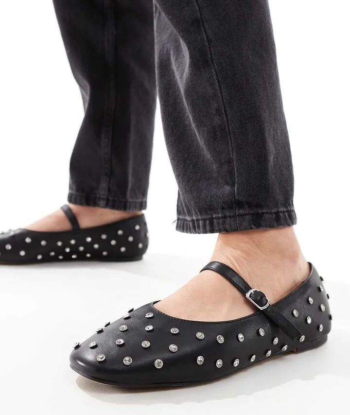 ALDO Marylina Studded Ballet Flats with Buckle in Black Leather