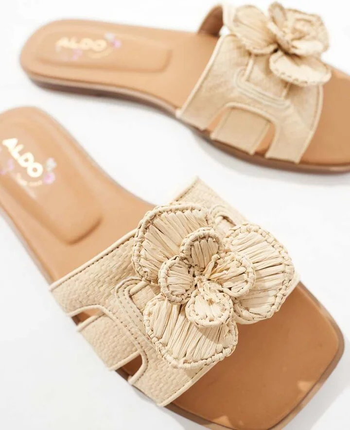 ALDO Seaflower padded flat sandals in beige raffia - Image 2