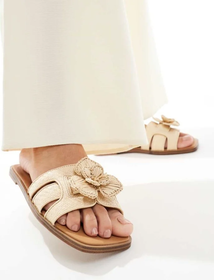 ALDO Seaflower padded flat sandals in beige raffia