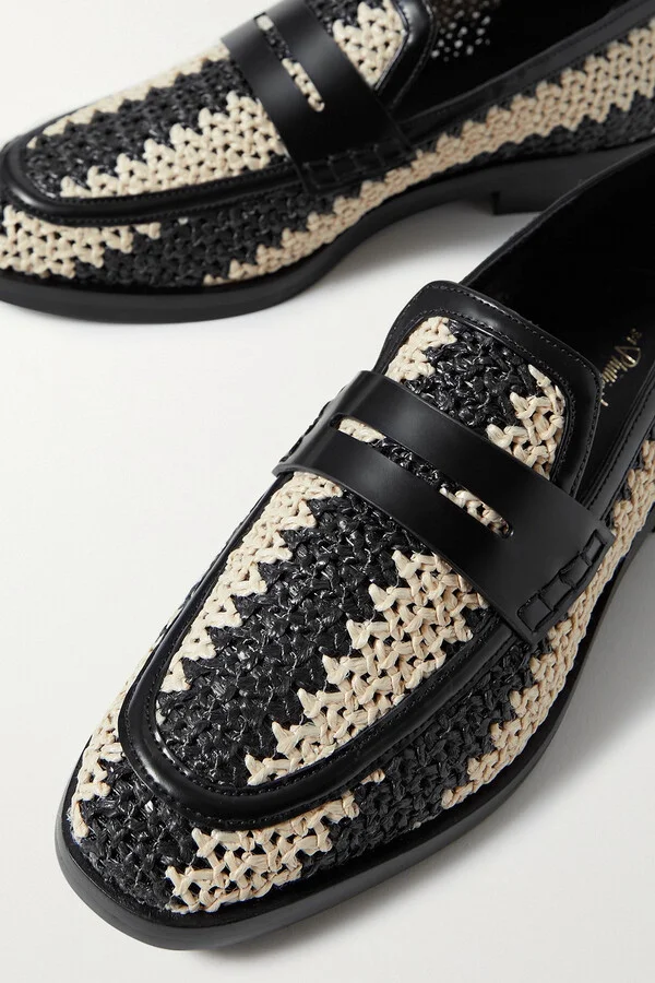 Alexa leather-trimmed two-tone raffia loafers - Image 4