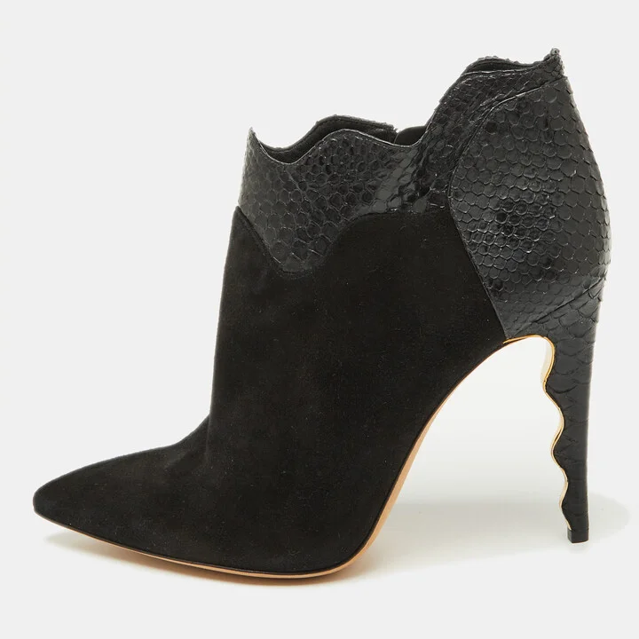 Alexander Birman Black Suede and Python Pointed Toe Ankle Booties Size 41