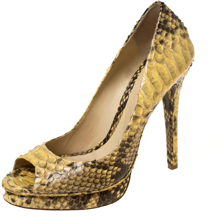 Alexander Birman Yellow/Black Python Peep Toe Pumps Size 40.5