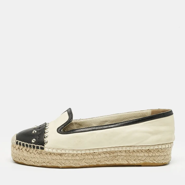Alexander McQueen Beige/Black Leather Studded Espadrille Flats Size 37
