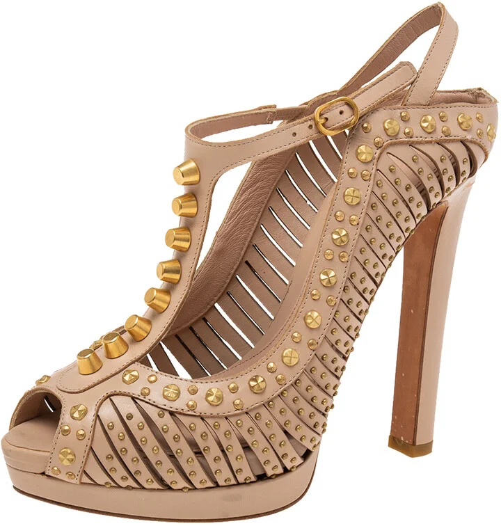 Alexander McQueen Beige Studded Leather T-Strap Slingback Platform Sandals Size 38.5
