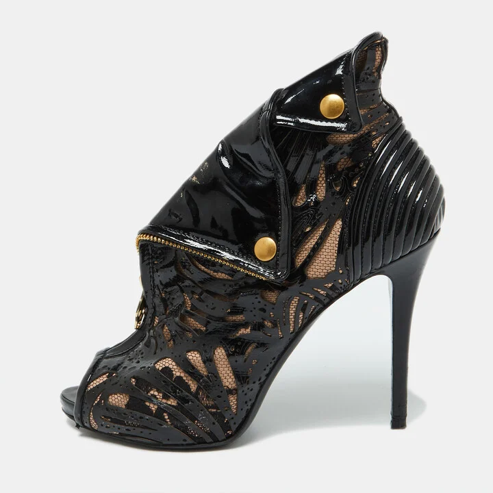 Alexander McQueen Black/Beige Patent Leather and Mesh Faithful Ankle Booties Size 38.5
