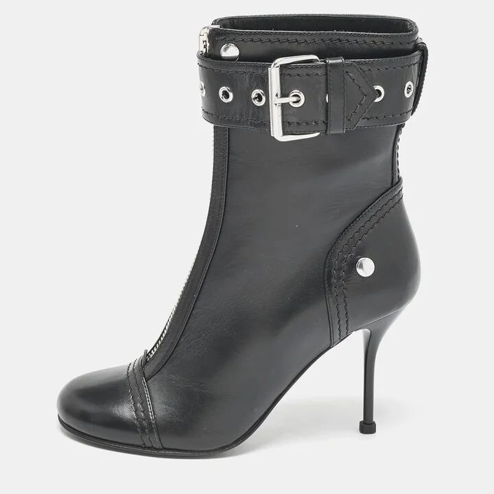 Alexander McQueen Black Buckled Leather Ankle Boots Size 38