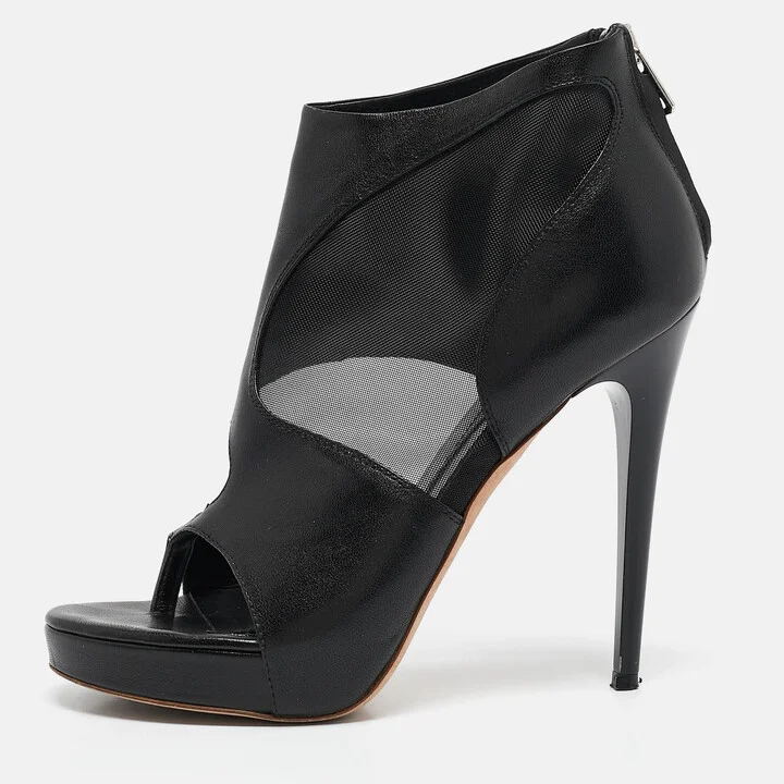 Alexander McQueen Black Leather and Mesh Ankle Length Boots Size 37