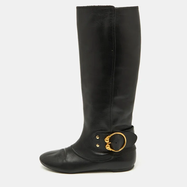 Alexander McQueen Black Leather Buckle Detail Knee length Boots Size 40