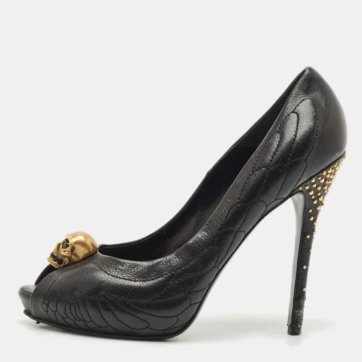 Alexander McQueen Black Leather Crystal Embellished Skull Detail Peep Toe Platform Pumps Size 41
