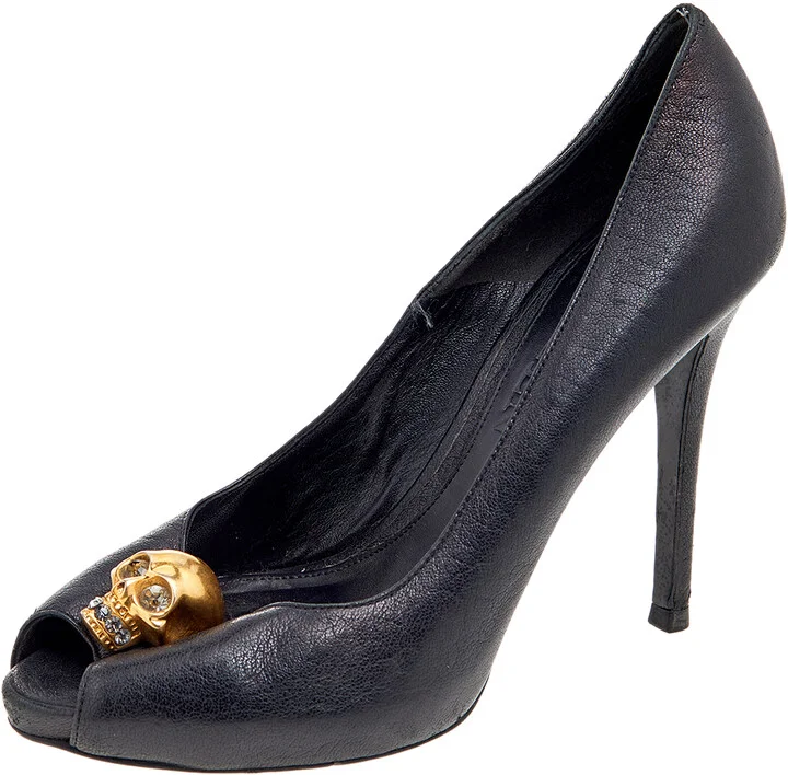 Alexander McQueen Black Leather Crystal Embellished Skull Peep Toe Pumps Size 36