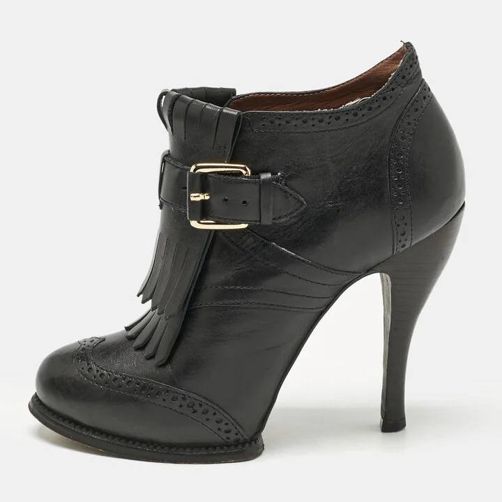 Alexander McQueen Black Leather Fringe Ankle Length Boots Size 36