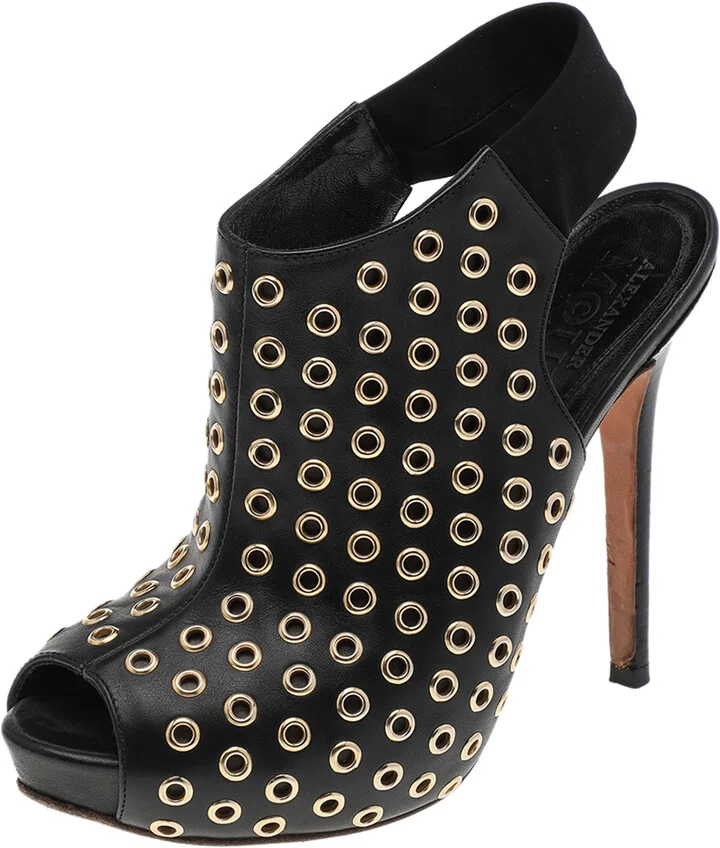 Alexander McQueen Black Leather Grommet Peep Toe Ankle Slingback Boots Size 36