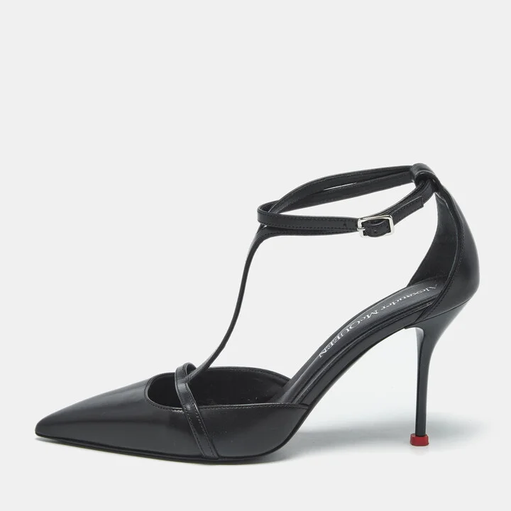 Alexander McQueen Black Leather Harness T-Strap Pumps Size 40