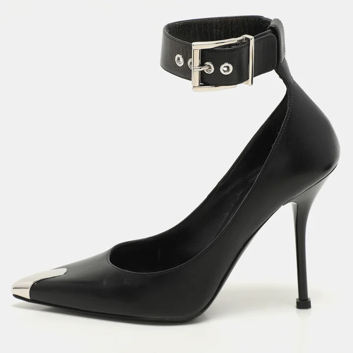 Alexander McQueen Black Leather Punk Ankle Strap Pumps Size 36