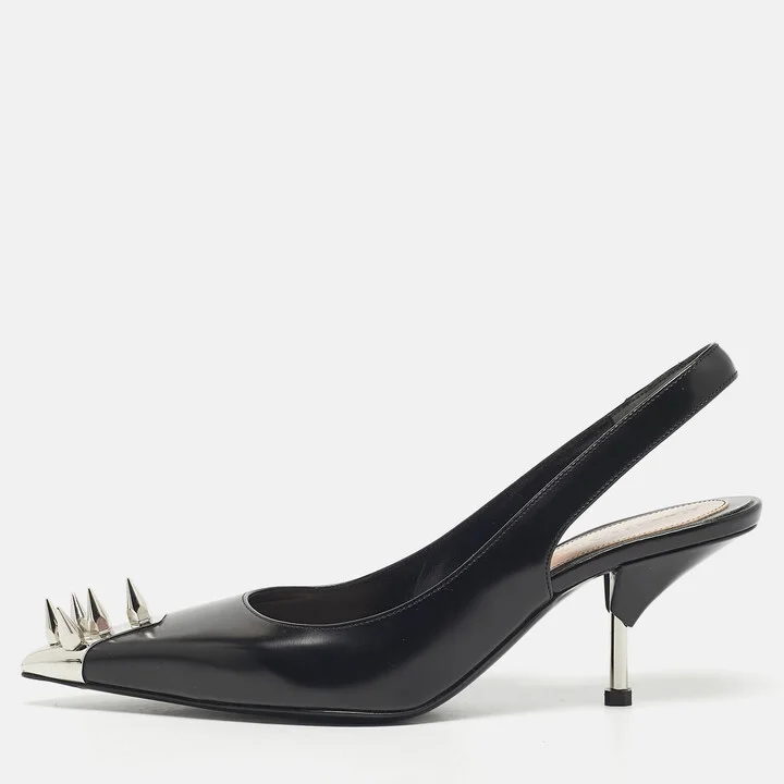 Alexander McQueen Black Leather Punk Spike Slingback Pumps Size 38