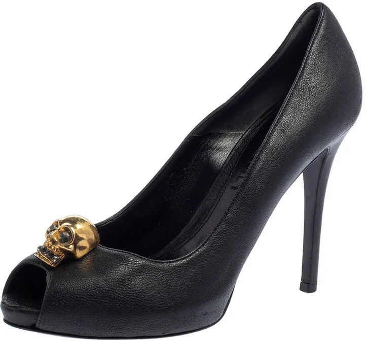 Alexander McQueen Black Leather Skull Embellished Peep Toe Pumps Size 37