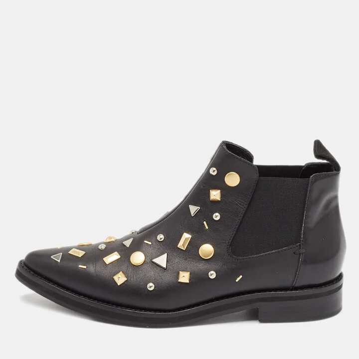Alexander McQueen Black Leather Studded Ankle Length Boots Size 37
