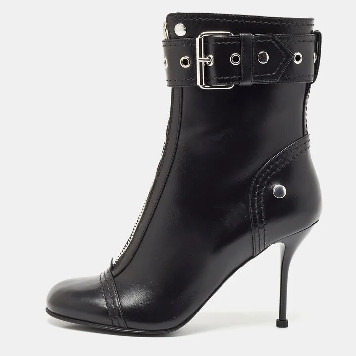 Alexander McQueen Black Leather Studded Biker Ankle Boots Size 40