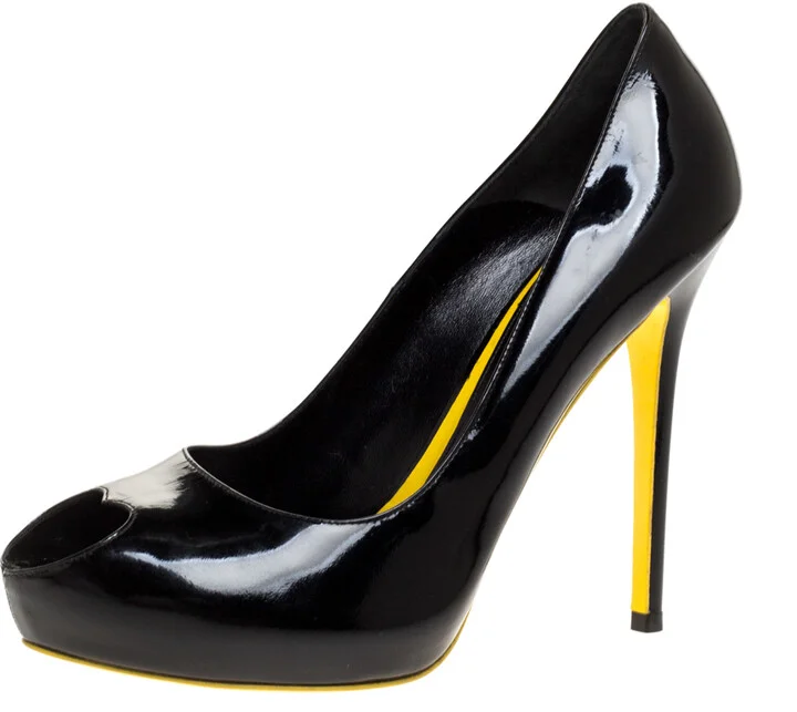 Alexander McQueen Black Patent Leather Heart Peep Toe Pumps Size 39.5