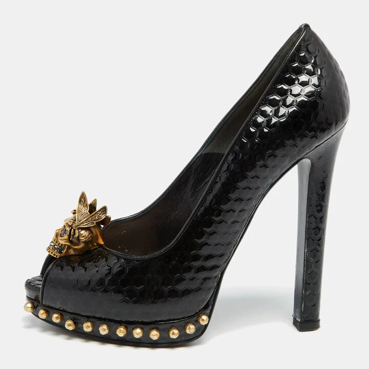 Alexander McQueen Black Patent Leather Skull Embellished Peep Toe Pumps Size 38