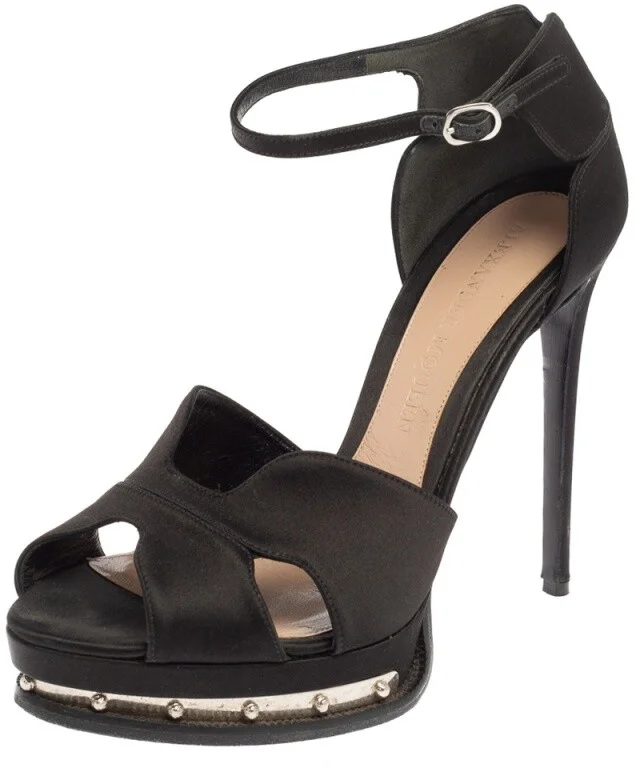 Alexander McQueen Black Satin Studded Platform Ankle-Strap Sandals Size 41