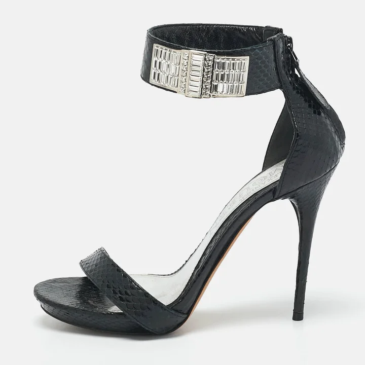 Alexander McQueen Black Snakeskin Leather Crystal Embellished Ankle Cuff Sandals Size 36